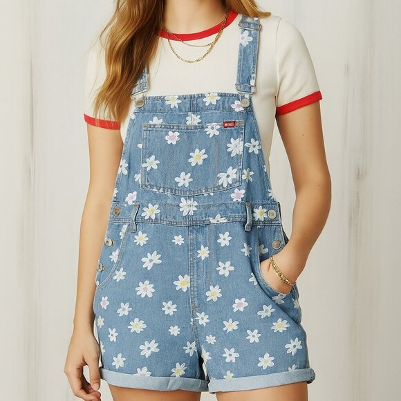Teddy Fresh Boho Preppy Y2K Vibe Floral Daisy Cotton Denim Shortalls Blue Medium - Picture 1 of 15